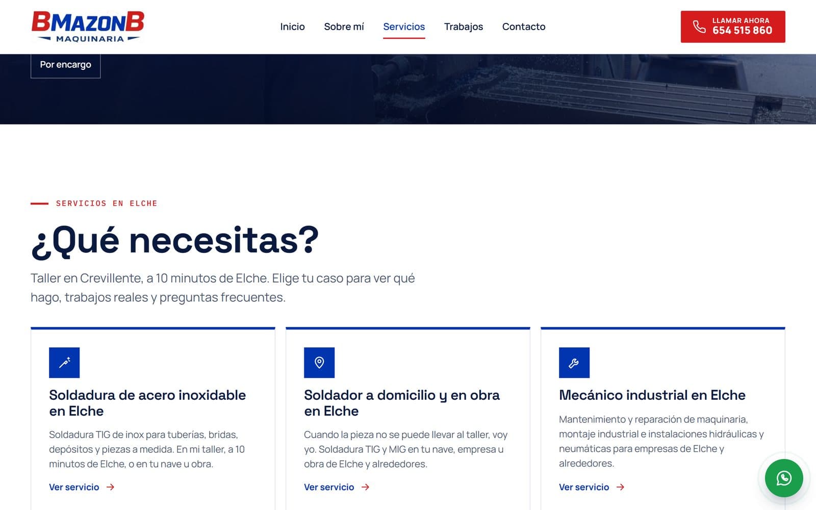 Página de servicios de la web de BMazonB Maquinaria con los servicios en Elche