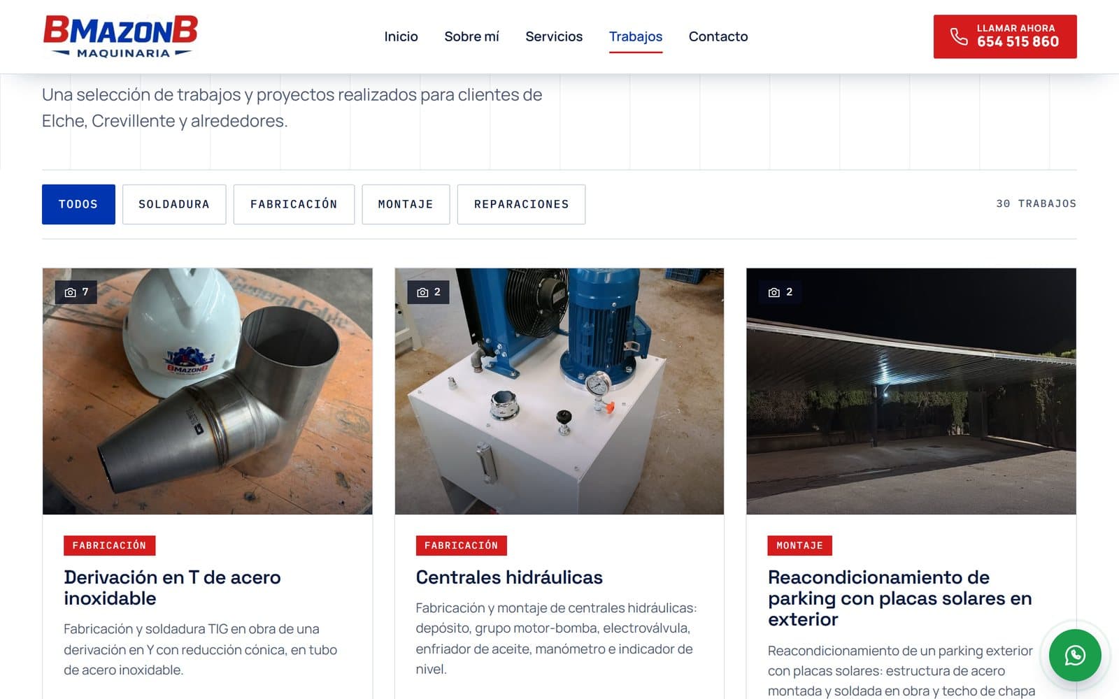 Galería de trabajos de la web de BMazonB Maquinaria, filtrable por tipo de trabajo